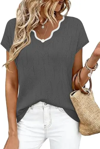 WIHOLL Cap Sleeve Diamond Knit Sweater in grey with scalloped neck