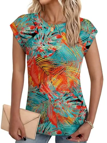 NORACORA tropical leaves print cap sleeve top