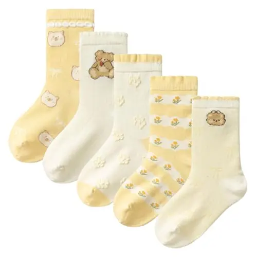 Balabala girls crew socks with animal designs and ruffle cuffs in pink, purple, and yellow