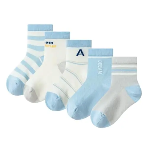 Balabala boys striped crew socks in black, blue, and white with smile patterns