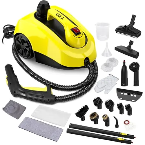 TVD heavy-duty yellow canister steam cleaner with extensive accessory kit