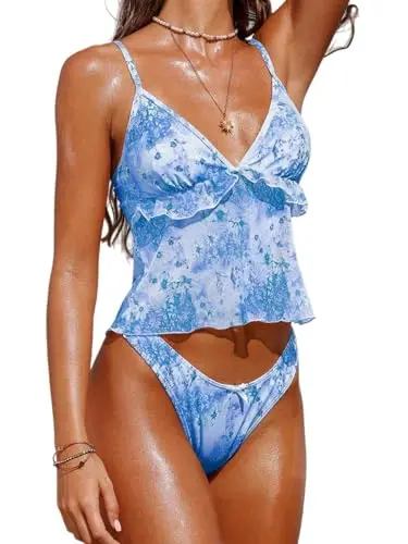 Zaful V neck ruffle floral tankini set in blue with tummy control