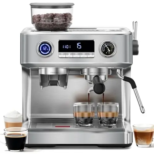 COWSAR Dual Boiler Espresso Machine with Grinder in brushed silver