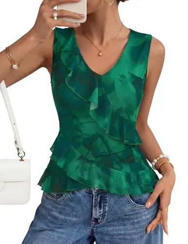 Zesica women's green floral ruffle top with v-neck and sleeveless design