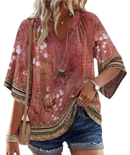WIHOLL Blouse with Flower Print in Red