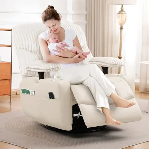 GRAINLLE brown electric swivel glider recliner nursing chair with USB charger and cup holders