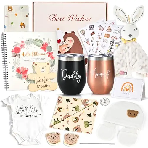 New Mom Care Package with pregnancy journal, baby memory book, Mom & Dad tumblers, baby bodysuit, hat, socks, blanket, bib, gloves, plaque, and decision coin.
