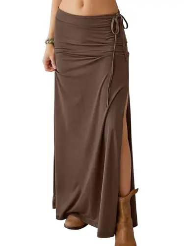 ANRABESS Women's Floral Maxi Skirt in Brown with adjustable drawstring waist and side slit