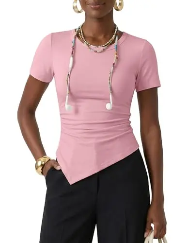 Zesica women's pink asymmetrical ruched top with side ruching and slim fit