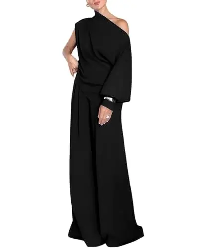 CHICME 2 Piece Outfits Set featuring a one-shoulder lantern sleeve top and high-waisted wide-leg pants
