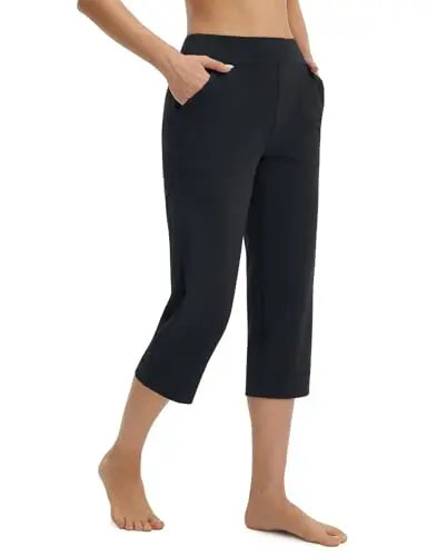 Baleaf Women's Capri Pants in black, showing high-waisted straight-leg design and side pockets.
