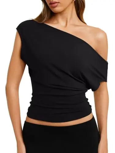 REORIA asymmetrical off-shoulder short sleeve tee in black