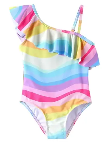 Patpat toddler girl swimsuit with rainbow print and ruffle shoulders