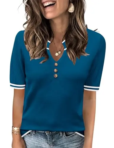 Lomon women's stripe V-neck short sleeve sweater in blue green color