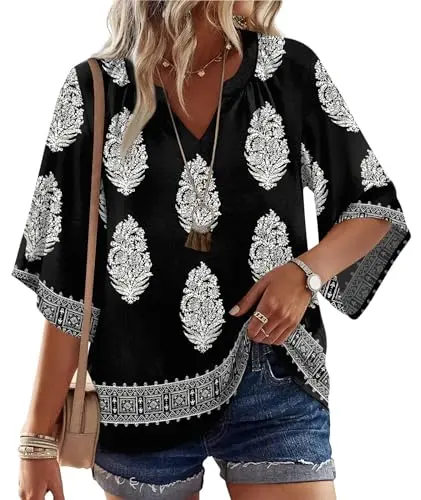 WIHOLL Boho Top with Bell Sleeves in Multi Pattern
