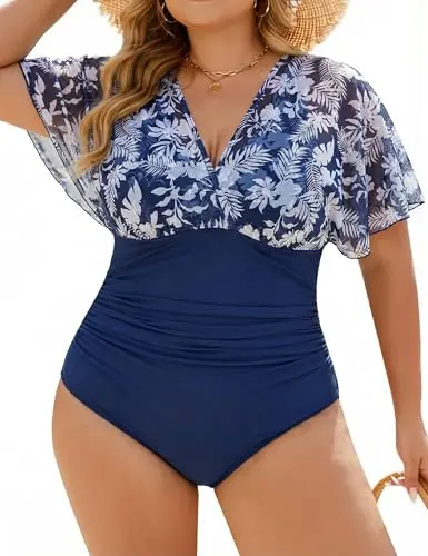 Blooming Jelly women's plus size one-piece swimsuit with V-neck, butterfly sleeves, and blue floral print.