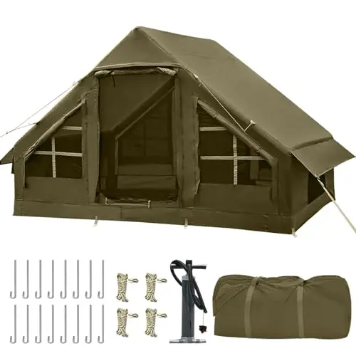 Green inflatable air beam camping tent being set up