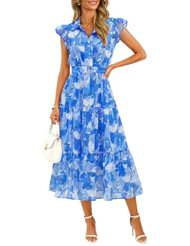 ZESICA floral midi dress in blue with short sleeves and button front