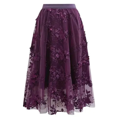 Chicwish women's plum-colored mesh midi skirt with 3D floral embroidery and elastic waist