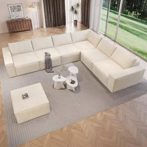 Vesgantti oversized beige modular sectional couch with deep seats and ottoman in a bright living room