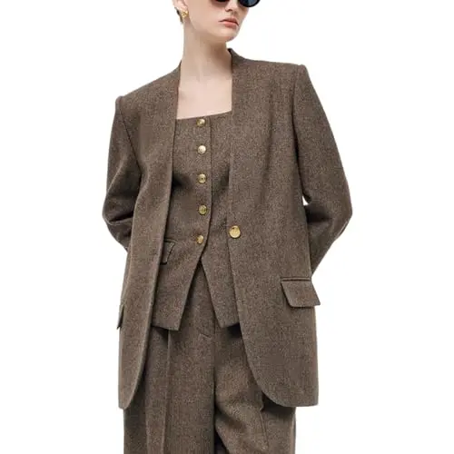 GOELIA women's wool blazer jacket in a tailored fit with a collarless design and metal buttons