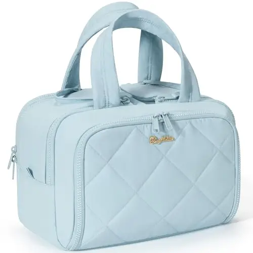 Bagstellar light blue quilted puffy toiletry bag with luggage strap