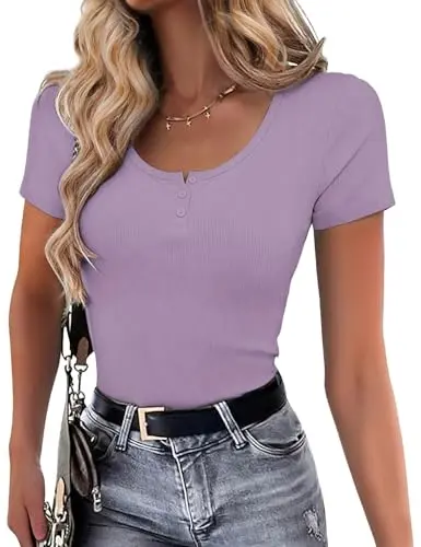 Womens Henley Scoop Neck Top with ribbed knit and decorative button in Purple