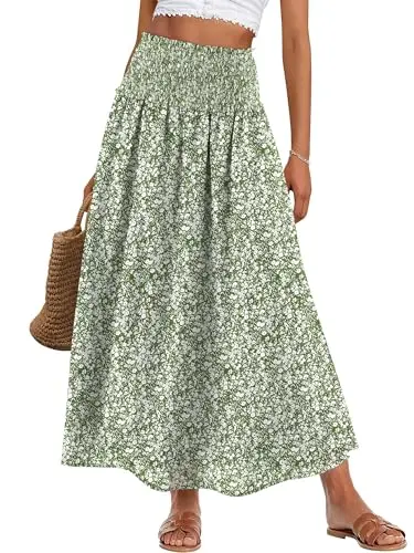ANRABESS Women's Floral Maxi Skirt in Green Floral pattern, loose fit for beach cover-up
