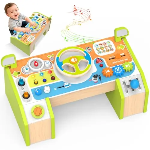Yuyctwg Montessori Car Busy Board wooden steering wheel activity toy