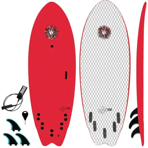 Red 5-foot-5-inch soft top foam surfboard for beginners