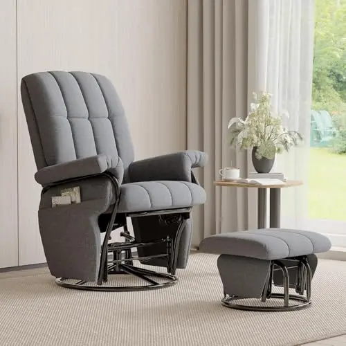 JIASTING grey linen fabric swivel recliner chair with matching ottoman and side pockets