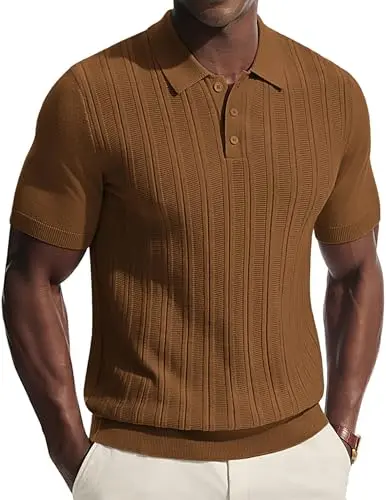 PJ PAUL JONES Men's Textured Knit Polo Shirt in brown, with a cool-to-touch fabric