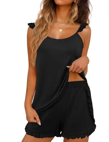 JUSTFASHIONNOW women's ruffle strap cami pajama set in black
