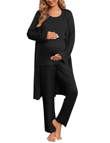 Ekouaer nursing pajama and robe set in black with a tank top, robe, and pants
