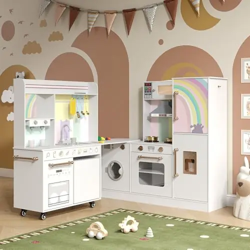 BVIUNTWO large corner rotatable play kitchen set with running water faucet