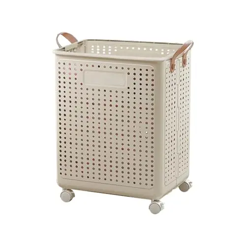 FULAILE cream-colored compact laundry hamper with wheels and ventilation holes.