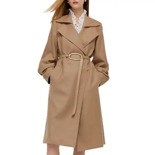 GOELIA women's oversized trench coat in a khaki color with lantern sleeves and a genuine leather belt