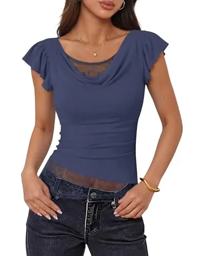 Zesica women's navy ruffle lace top with cowl neck and short sleeves