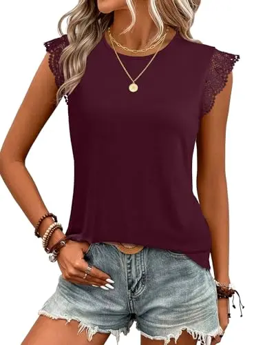 JUSTFASHIONNOW Sleeveless Lace Trim Top with flutter ruffle cap sleeves in Wine Red