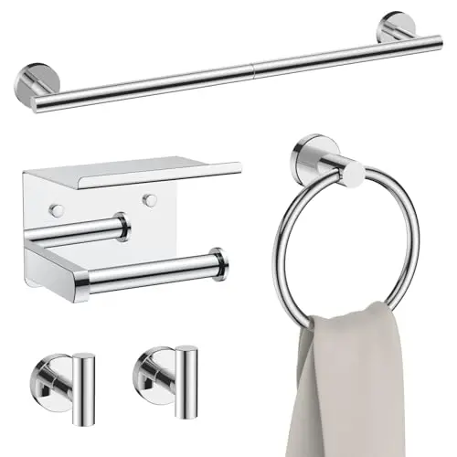 FORIOUS 5-piece bathroom accessory set with 24-inch towel bar, toilet paper holder with shelf, towel ring, and hooks in chrome