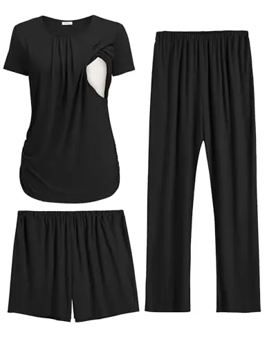 Ekouaer maternity lounge set with a nursing top, shorts, and long pants