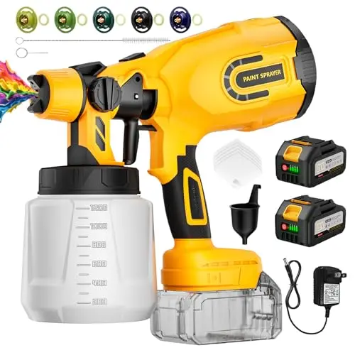 LUDERIGNITE yellow cordless paint sprayer kit with two batteries and multiple nozzles.
