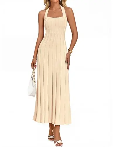 MEROKEETY women's halter sleeveless ribbed knitted sweater dress