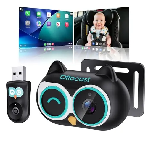 OTTOCAST Cabin Care wireless CarPlay adapter with a small baby camera module.