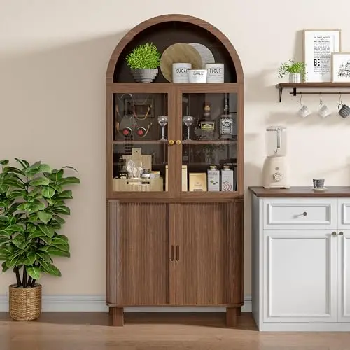 Alohappy Walnut Arched Pantry Cabinet with Sliding Glass Door