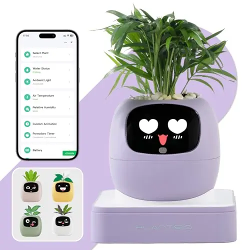PlantsIO App-Controlled Smart Planter with LCD display and purple ceramic pot