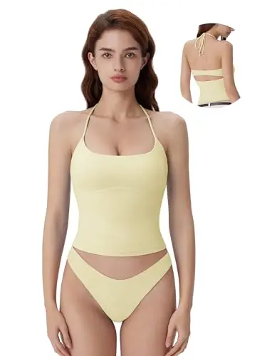 SUUKSESS Women's Halter Top with adjustable straps and built-in bras, featuring an open back design.