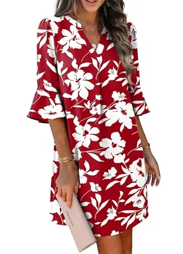 RUMIA Wedding Guest Dress in red floral print with V-neck and ruffle sleeves