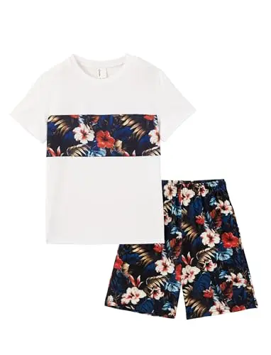 PATPAT Tropical Floral boys shorts set with camo shirt and elastic waist shorts