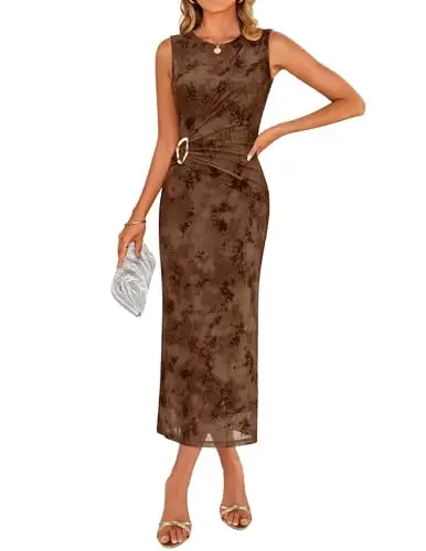 ZESICA sleeveless floral bodycon midi dress in brown with mesh overlay